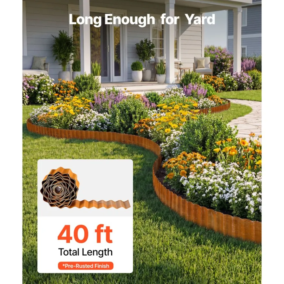 VEVOR Carbon Steel Landscape Edging, 40 ft x 6 in Steel Edging for Landscaping with Gloves, Easy-to-Install Bendable Metal Strips, Metal Garden Edge Border for Flower Bed, Yard Pathway, Rust