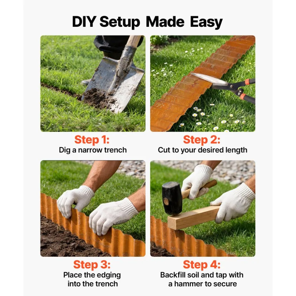 VEVOR Carbon Steel Landscape Edging, 40 ft x 6 in Steel Edging for Landscaping with Gloves, Easy-to-Install Bendable Metal Strips, Metal Garden Edge Border for Flower Bed, Yard Pathway, Rust