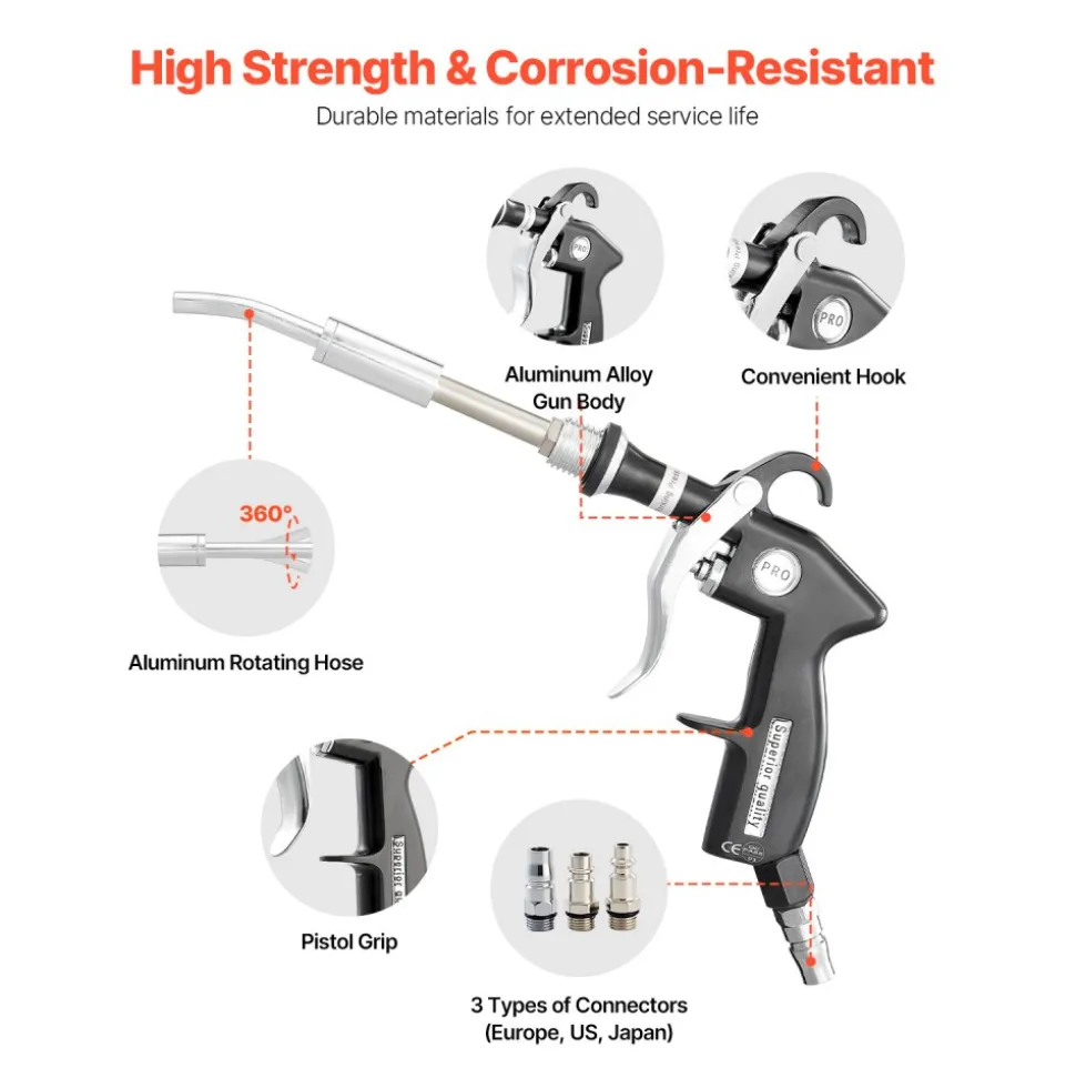 VEVOR Car Cleaning Gun, 6-9.2 Bar High-Pressure Air Blow Gun with 2 Set Nozzles, 360° Rotating Nozzle for Complete Cleaning, Quickly Blasts Dirt and Dust from Surface, Work with 1/4 NPT Air Compressor