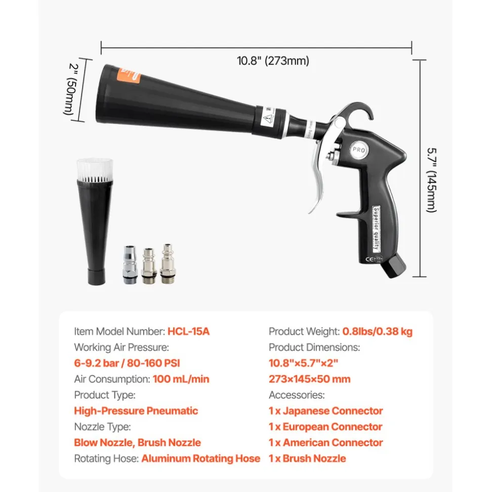 VEVOR Car Cleaning Gun, 6-9.2 Bar High-Pressure Air Blow Gun with 2 Set Nozzles, 360° Rotating Nozzle for Complete Cleaning, Quickly Blasts Dirt and Dust from Surface, Work with 1/4 NPT Air Compressor