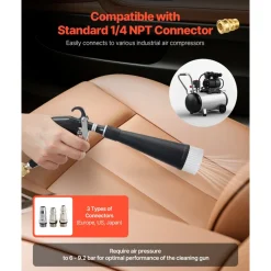 VEVOR Car Cleaning Gun, 6-9.2 Bar High-Pressure Air Blow Gun with 2 Set Nozzles, 360° Rotating Nozzle for Complete Cleaning, Quickly Blasts Dirt and Dust from Surface, Work with 1/4 NPT Air Compressor