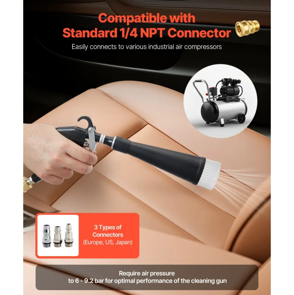 VEVOR Car Cleaning Gun, 6-9.2 Bar High-Pressure Air Blow Gun with 2 Set Nozzles, 360° Rotating Nozzle for Complete Cleaning, Quickly Blasts Dirt and Dust from Surface, Work with 1/4 NPT Air Compressor