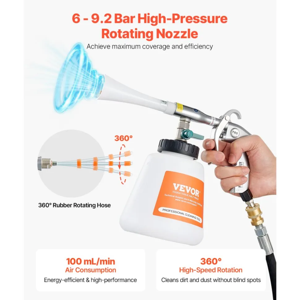 VEVOR Car Cleaning Gun, 6-9.2 Bar High-Pressure Air Blow Gun with 2 Set Nozzles & 1L Liquid Bottle, Vortex Cleaning Gun, Quickly Blasts Dirt and Dust from Surface, Work with 1/4 NPT Air Compressor