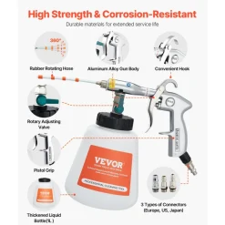 VEVOR Car Cleaning Gun, 6-9.2 Bar High-Pressure Air Blow Gun with 2 Set Nozzles & 1L Liquid Bottle, Vortex Cleaning Gun, Quickly Blasts Dirt and Dust from Surface, Work with 1/4 NPT Air Compressor