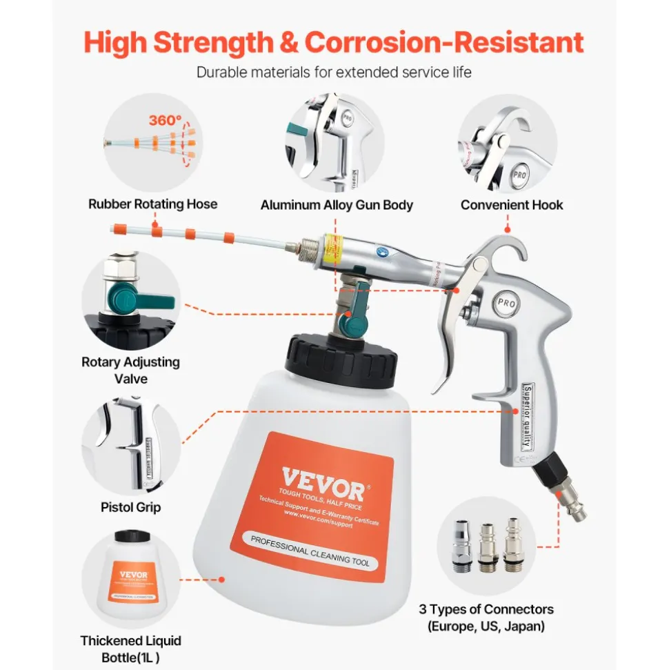 VEVOR Car Cleaning Gun, 6-9.2 Bar High-Pressure Air Blow Gun with 2 Set Nozzles & 1L Liquid Bottle, Vortex Cleaning Gun, Quickly Blasts Dirt and Dust from Surface, Work with 1/4 NPT Air Compressor