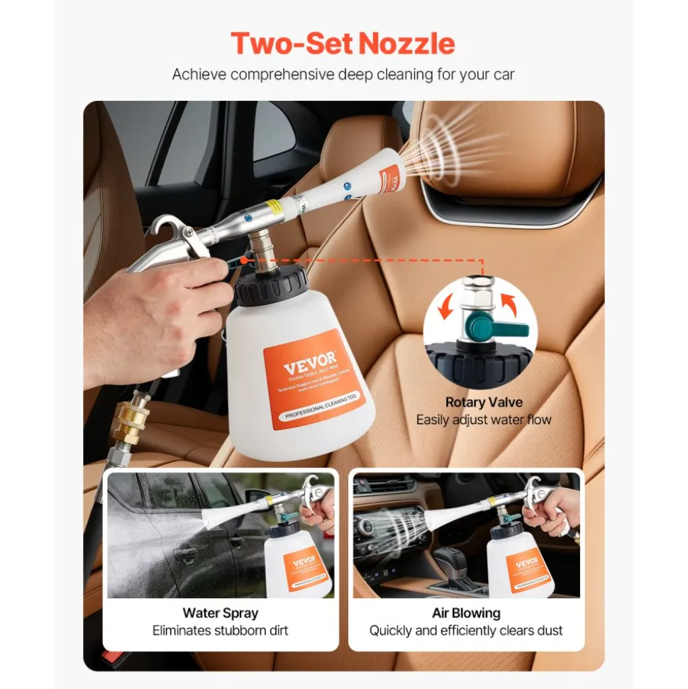 VEVOR Car Cleaning Gun, 6-9.2 Bar High-Pressure Air Blow Gun with 2 Set Nozzles & 1L Liquid Bottle, Vortex Cleaning Gun, Quickly Blasts Dirt and Dust from Surface, Work with 1/4 NPT Air Compressor