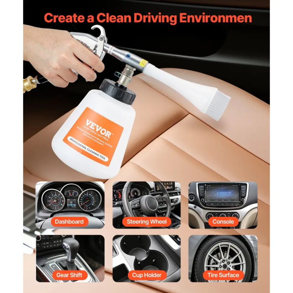 VEVOR Car Cleaning Gun, 6-9.2 Bar High-Pressure Air Blow Gun with 2 Set Nozzles & 1L Liquid Bottle, Vortex Cleaning Gun, Quickly Blasts Dirt and Dust from Surface, Work with 1/4 NPT Air Compressor