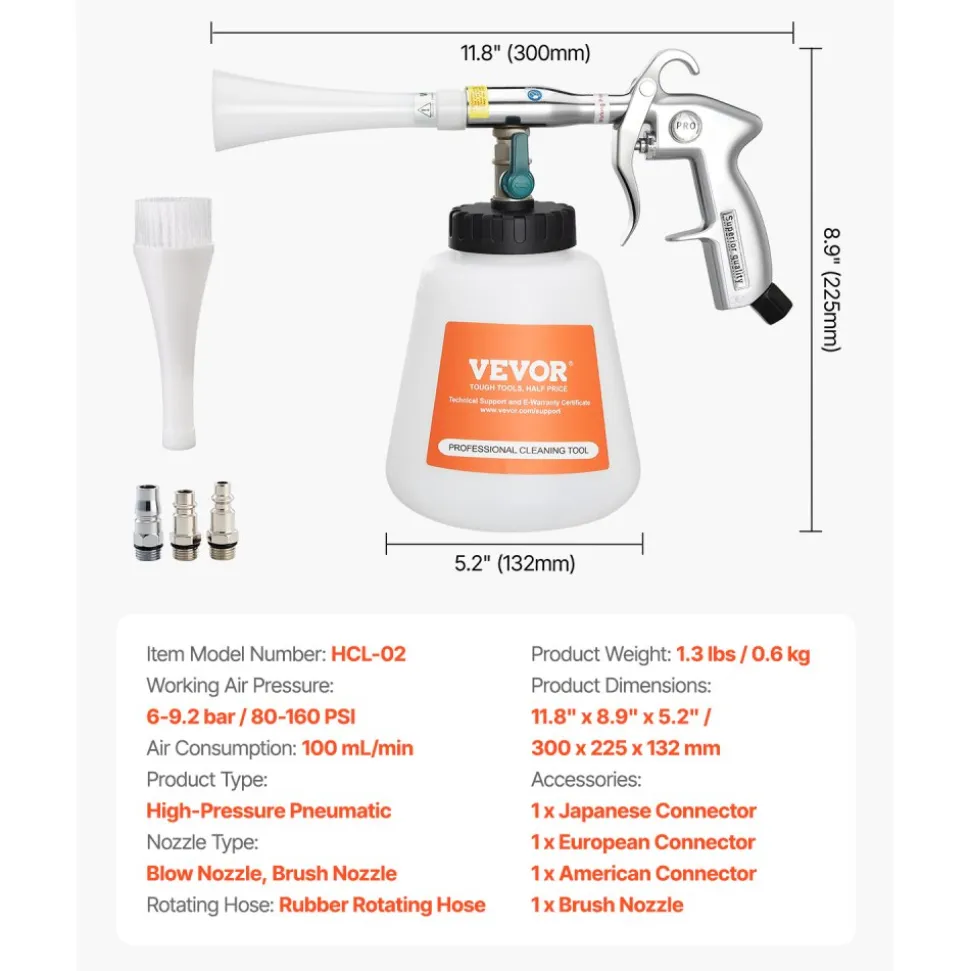 VEVOR Car Cleaning Gun, 6-9.2 Bar High-Pressure Air Blow Gun with 2 Set Nozzles & 1L Liquid Bottle, Vortex Cleaning Gun, Quickly Blasts Dirt and Dust from Surface, Work with 1/4 NPT Air Compressor