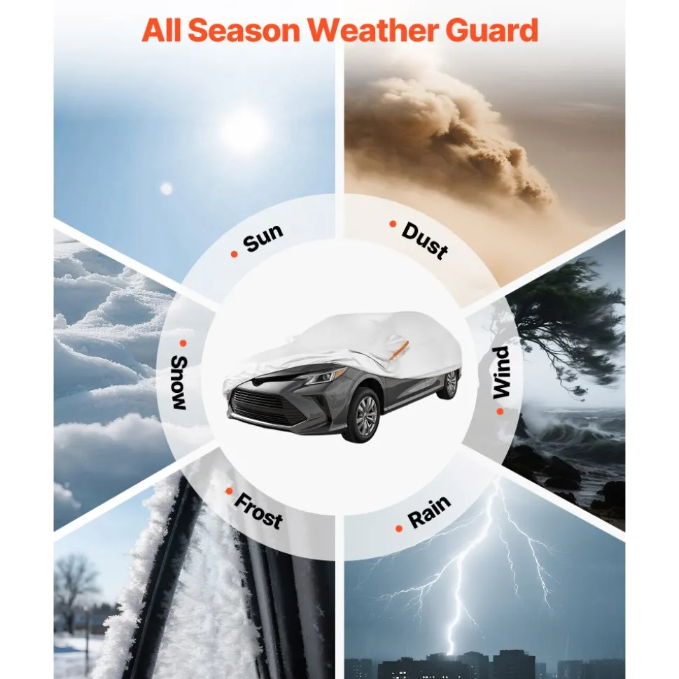 VEVOR Car Cover, Car Cover Waterproof for Dodge Challenger Full Size Sedan, Custom-fit All Weather Sun Rain Wind Dust Snow Protection Full Exterior Covers with Door Zipper and Cotton Lining, Silver