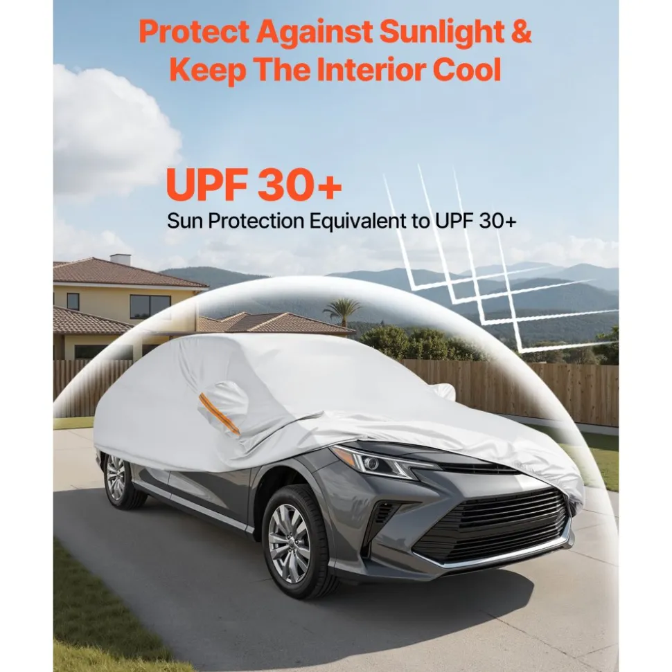VEVOR Car Cover, Car Cover Waterproof for Dodge Challenger Full Size Sedan, Custom-fit All Weather Sun Rain Wind Dust Snow Protection Full Exterior Covers with Door Zipper and Cotton Lining, Silver