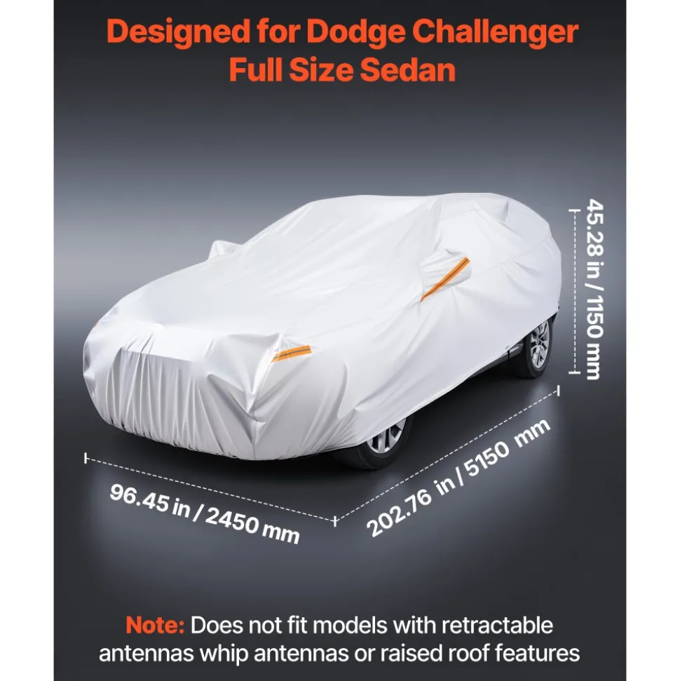 VEVOR Car Cover, Car Cover Waterproof for Dodge Challenger Full Size Sedan, Custom-fit All Weather Sun Rain Wind Dust Snow Protection Full Exterior Covers with Door Zipper and Cotton Lining, Silver