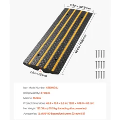 VEVOR Car Driveway Rubber Curb Ramp, 33069 lbs Load Capacity, 2.6 inch Rise Curbside Bridge Ramp with Yellow Reflective Strips, Suitable for Loading Dock, Warehouse, Garage, Sidewalk (3 Pack)