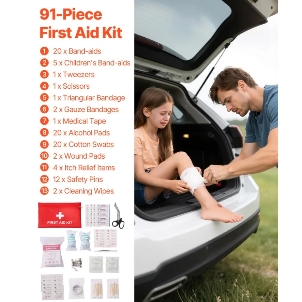 VEVOR Car Emergency Kit, 2-in-1 First Aid Kit with Jumper Cables, Essential Roadside Emergency Car Kits for Vehicle, Travel and Home, 32-Piece Auto Road Side Assistance Tools with Medical Aid Kits