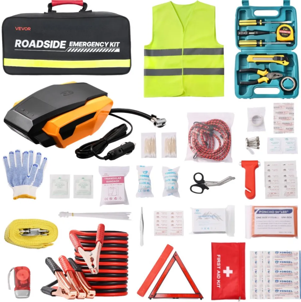 VEVOR Car Emergency Kit, 2-in-1 First Aid Kit with Jumper Cables, Essential Roadside Emergency Car Kits for Vehicle, Travel and Home, 32-Piece Auto Road Side Assistance Tools with Medical Aid Kits