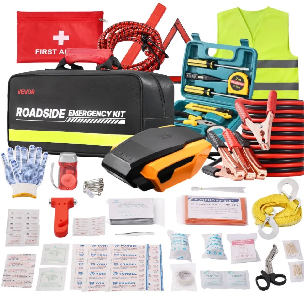 VEVOR Car Emergency Kit, 2-in-1 First Aid Kit with Jumper Cables, Essential Roadside Emergency Car Kits for Vehicle, Travel and Home, 32-Piece Auto Road Side Assistance Tools with Medical Aid Kits