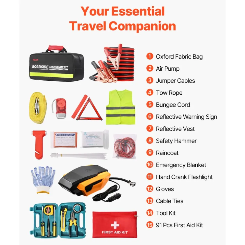 VEVOR Car Emergency Kit, 2-in-1 First Aid Kit with Jumper Cables, Essential Roadside Emergency Car Kits for Vehicle, Travel and Home, 32-Piece Auto Road Side Assistance Tools with Medical Aid Kits