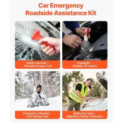 VEVOR Car Emergency Kit, 2-in-1 First Aid Kit with Jumper Cables, Essential Roadside Emergency Car Kits for Vehicle, Travel and Home, 32-Piece Auto Road Side Assistance Tools with Medical Aid Kits
