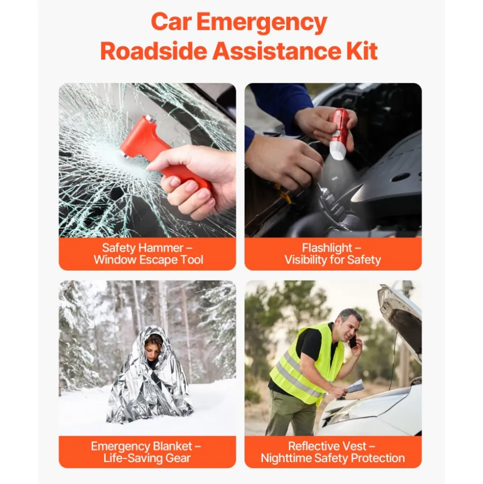 VEVOR Car Emergency Kit, 2-in-1 First Aid Kit with Jumper Cables, Essential Roadside Emergency Car Kits for Vehicle, Travel and Home, 32-Piece Auto Road Side Assistance Tools with Medical Aid Kits