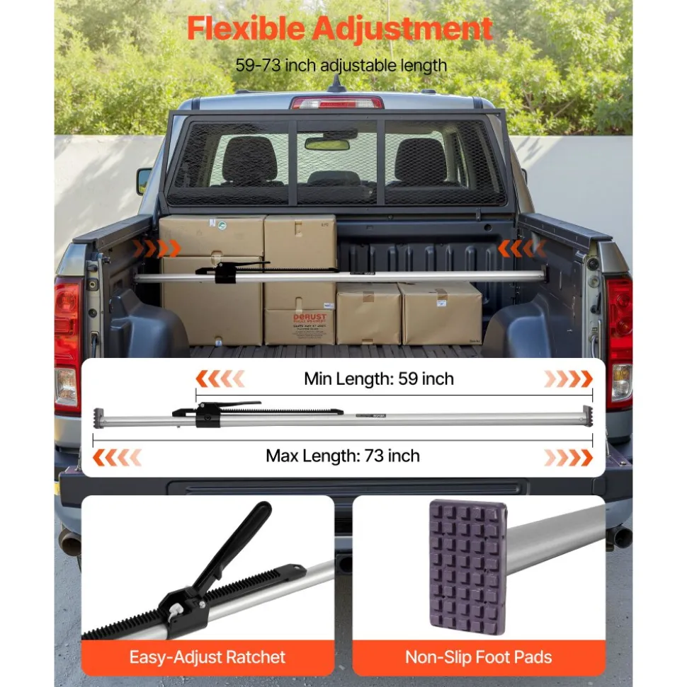 VEVOR Cargo Bar, Cargo Bar Adjustable from 59" to 73", Heavy-duty Steel Cargos Stabilizer with Non-Slip Foot Pads, Telescoping Load Lock Bars Stop Sliding for Pickup Truck