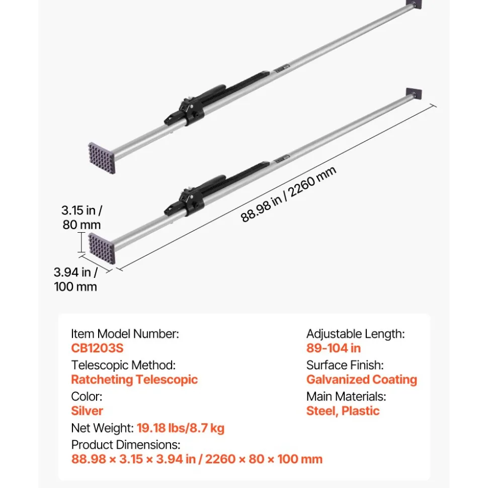 VEVOR Cargo Bar, Cargo Bar Adjustable from 89" to 104", Heavy-duty Steel Cargos Stabilizer with Non-Slip Foot Pads, Truck Bed Load Lock Bars for Box Trucks, Semi-Trailers, Trailers (2PCS)
