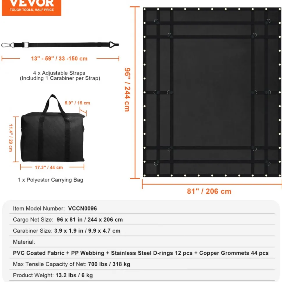 VEVOR Cargo Net, 72 in x 57 in, Heavy Duty Truck Cargo Net for Truck Bed, 4 Adjustable Straps with Carabiners and Rubber Coated Hooks, Durable, Suitable for Pickup, Jeep, Truck, SUV, Boat (Black)