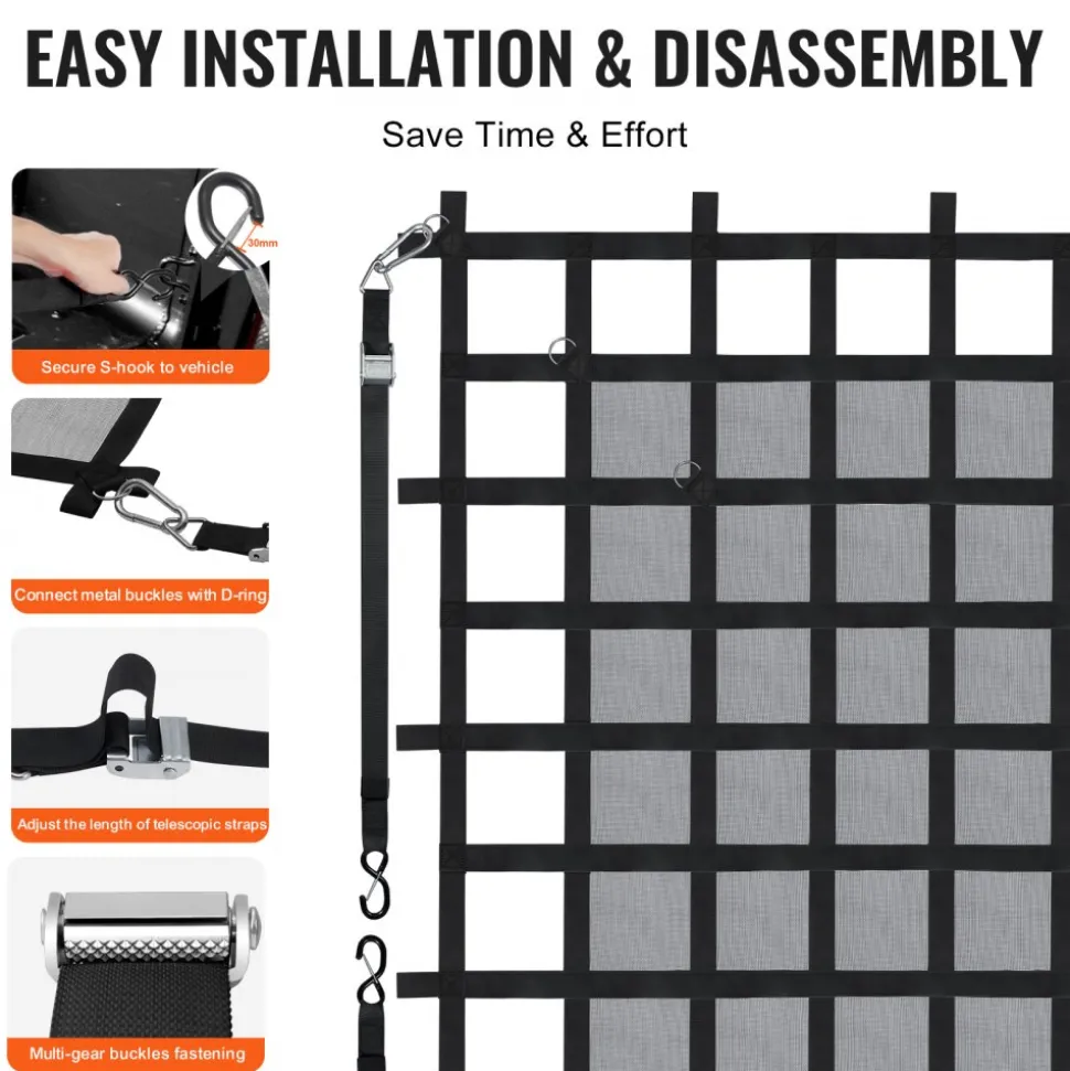 VEVOR Cargo Net, 120 in x 105 in, Heavy Duty Truck Cargo Net for Truck Bed, 4 Adjustable Straps with Carabiners and Rubber Coated Hooks, Durable, Suitable for Pickup, Jeep, Truck, SUV, Boat (Black)