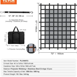 VEVOR Cargo Net, 120 in x 105 in, Heavy Duty Truck Cargo Net for Truck Bed, 4 Adjustable Straps with Carabiners and Rubber Coated Hooks, Durable, Suitable for Pickup, Jeep, Truck, SUV, Boat (Black)