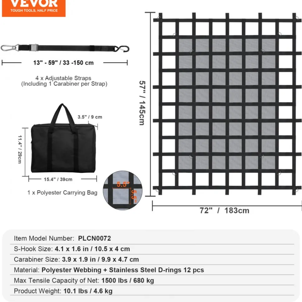 VEVOR Cargo Net, 120 in x 105 in, Heavy Duty Truck Cargo Net for Truck Bed, 4 Adjustable Straps with Carabiners and Rubber Coated Hooks, Durable, Suitable for Pickup, Jeep, Truck, SUV, Boat (Black)