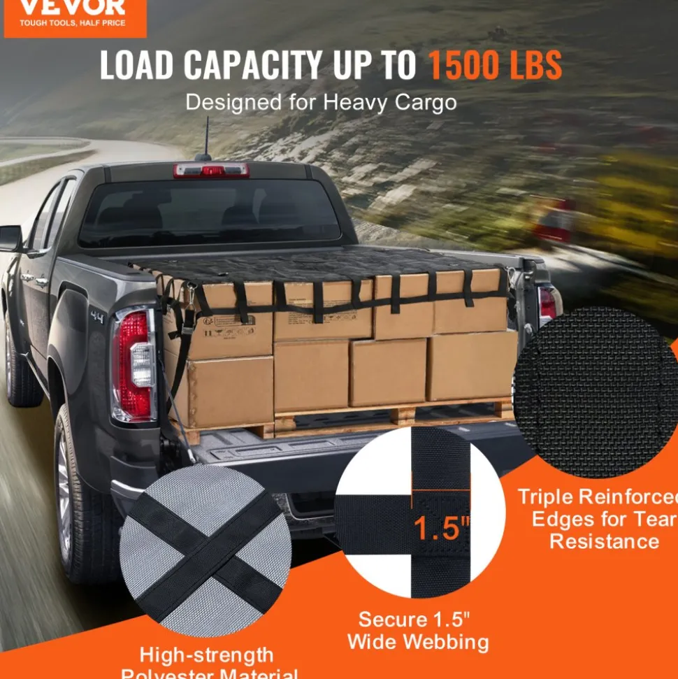 VEVOR Cargo Net, 120 in x 105 in, Heavy Duty Truck Cargo Net for Truck Bed, 4 Adjustable Straps with Carabiners and Rubber Coated Hooks, Durable, Suitable for Pickup, Jeep, Truck, SUV, Boat (Black)