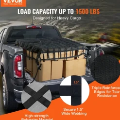 VEVOR Cargo Net, 96 in x 81 in, Heavy Duty Truck Cargo Net for Truck Bed, 4 Adjustable Straps with Carabiners & S-Hooks, Wear-resistant & Weather-proof, Suitable for Pickup, Truck, Jeep, SUV, Boat