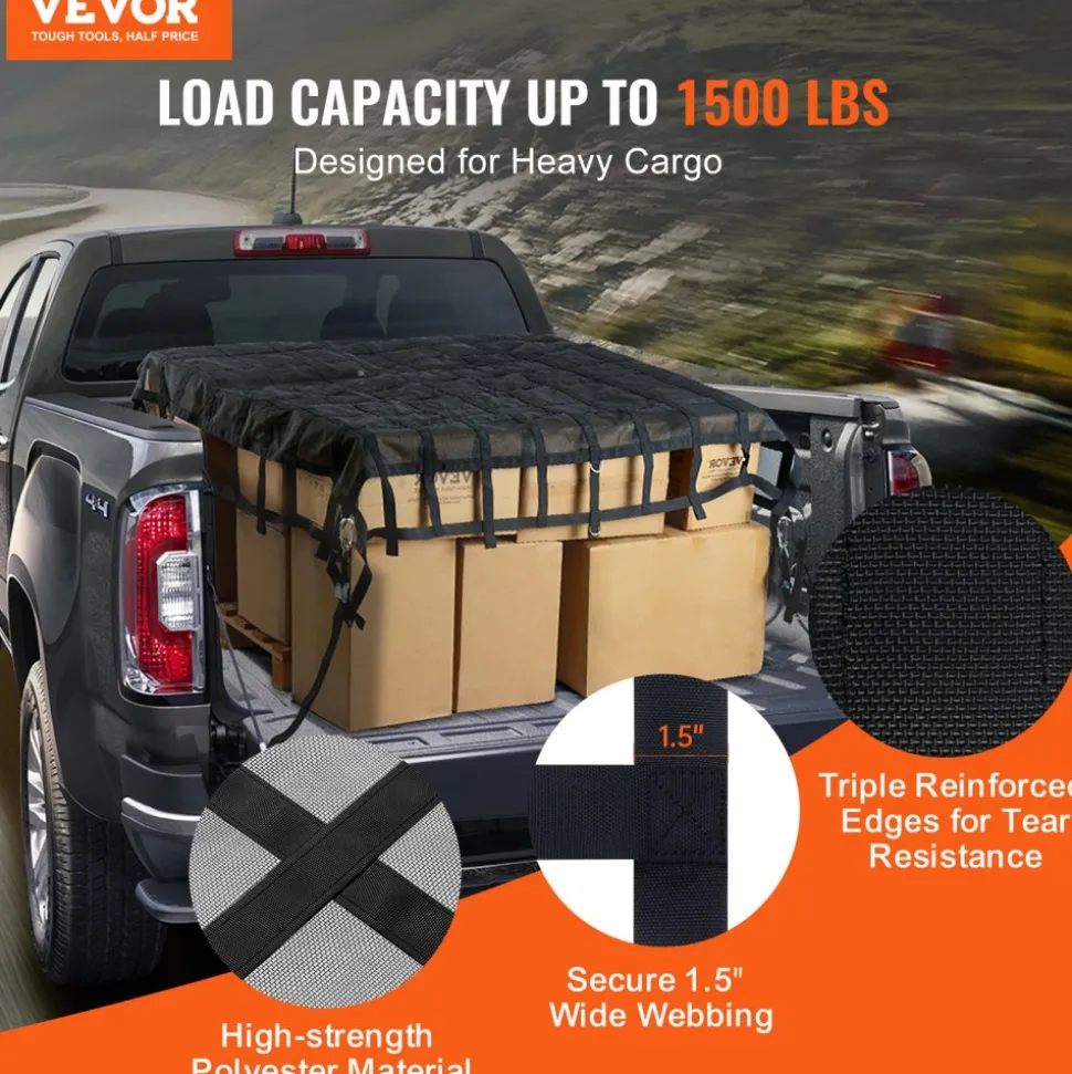 VEVOR Cargo Net, 96 in x 81 in, Heavy Duty Truck Cargo Net for Truck Bed, 4 Adjustable Straps with Carabiners & S-Hooks, Wear-resistant & Weather-proof, Suitable for Pickup, Truck, Jeep, SUV, Boat