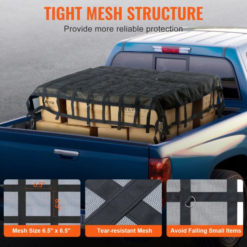 VEVOR Cargo Net, 96 in x 81 in, Heavy Duty Truck Cargo Net for Truck Bed, 4 Adjustable Straps with Carabiners & S-Hooks, Wear-resistant & Weather-proof, Suitable for Pickup, Truck, Jeep, SUV, Boat