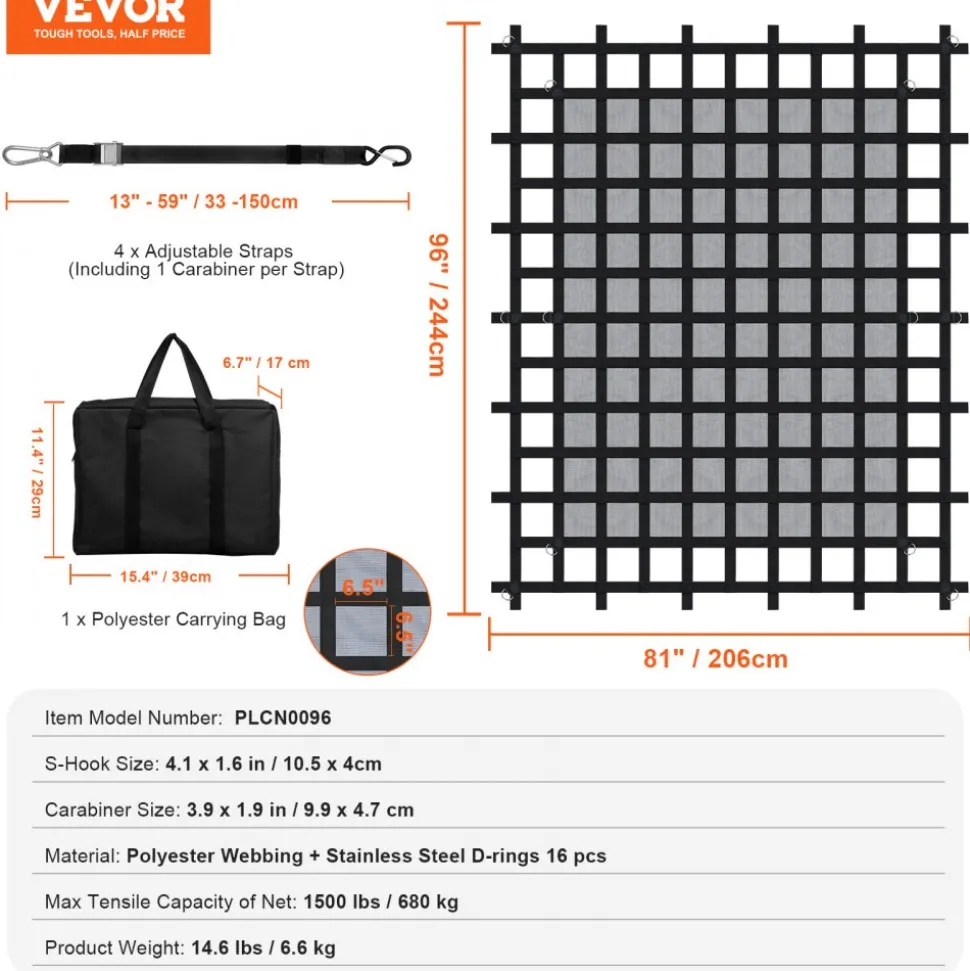 VEVOR Cargo Net, 96 in x 81 in, Heavy Duty Truck Cargo Net for Truck Bed, 4 Adjustable Straps with Carabiners & S-Hooks, Wear-resistant & Weather-proof, Suitable for Pickup, Truck, Jeep, SUV, Boat