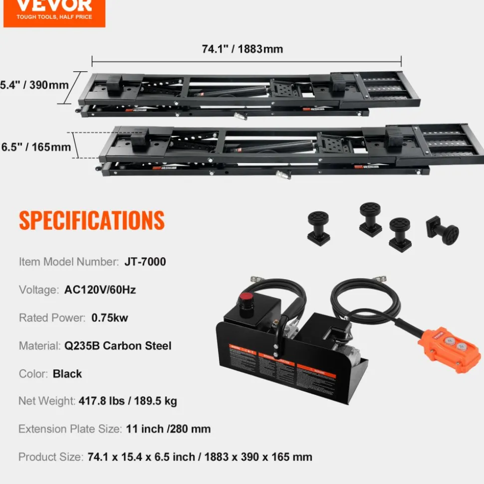 VEVOR Car Lift, 7,000 LBS Capacity Portable Car Lift, with Extended-Length Plates, 26.8" Max. Height, Heavy-duty Carbon Steel Truck Lift with 120V Power Unit, Auto Car Jack Lifts for Home Garage Shop