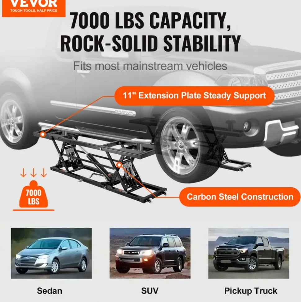 VEVOR Car Lift, 7,000 LBS Capacity Portable Car Lift, with Extended-Length Plates, 26.8" Max. Height, Heavy-duty Carbon Steel Truck Lift with 120V Power Unit, Auto Car Jack Lifts for Home Garage Shop