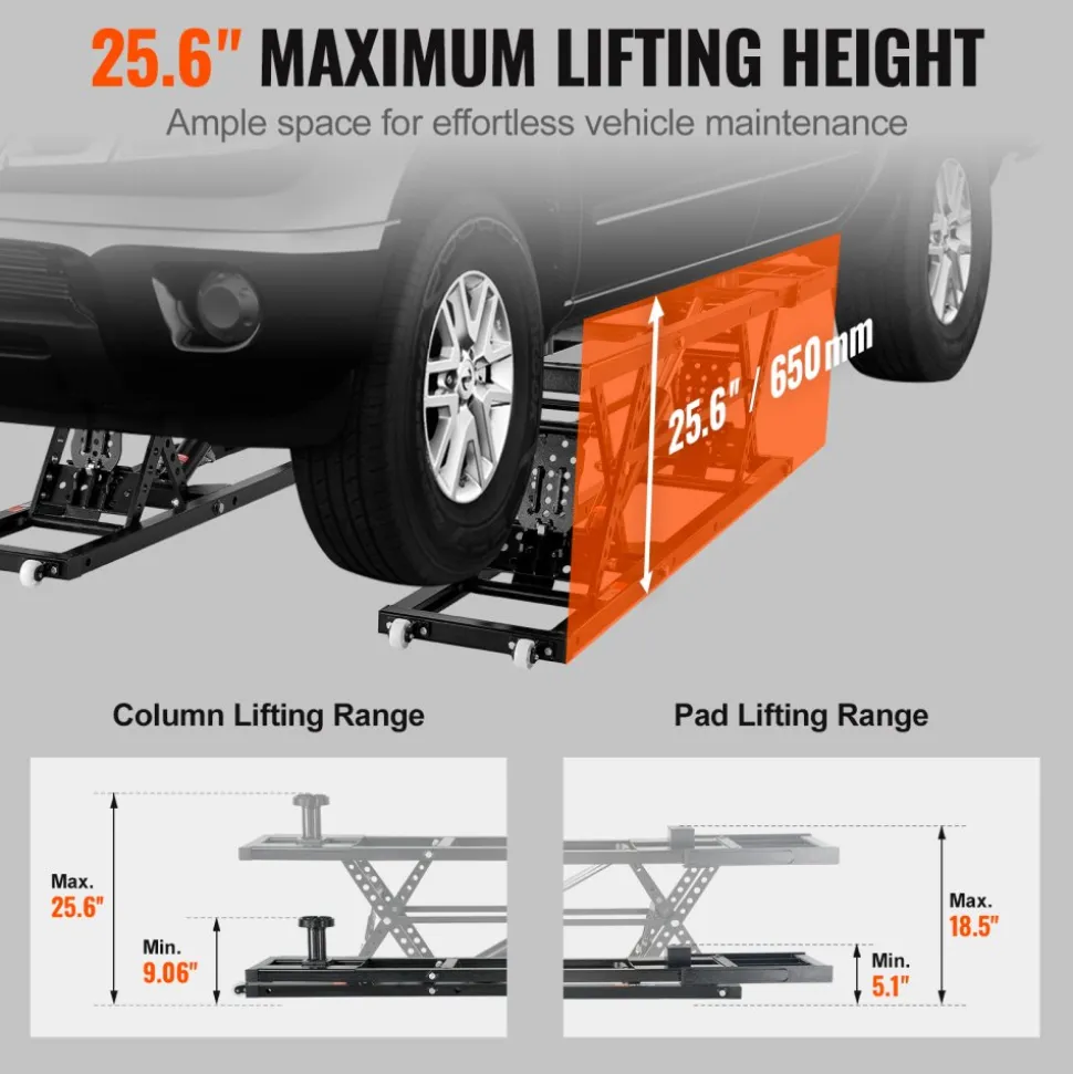 VEVOR Car Lift, 25.6" Max. Height, 5,000 LBS Capacity Portable Car Lift, with Extended-Length Plates, Heavy-duty Carbon Steel Truck Lift with 120V Power Unit, Auto Car Jack Lifts for Home Garage Shop