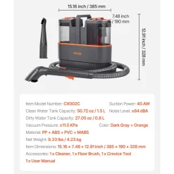 VEVOR Carpet Cleaner Machine, 50.72 oz Clean Water Tank & 27.05 oz Dirty Water Tank, Portable Upholstery Shampooer, 11.5Kpa Handheld Furniture Extractor, Spot and Stain Deep Cleaner for Rug Couch Car