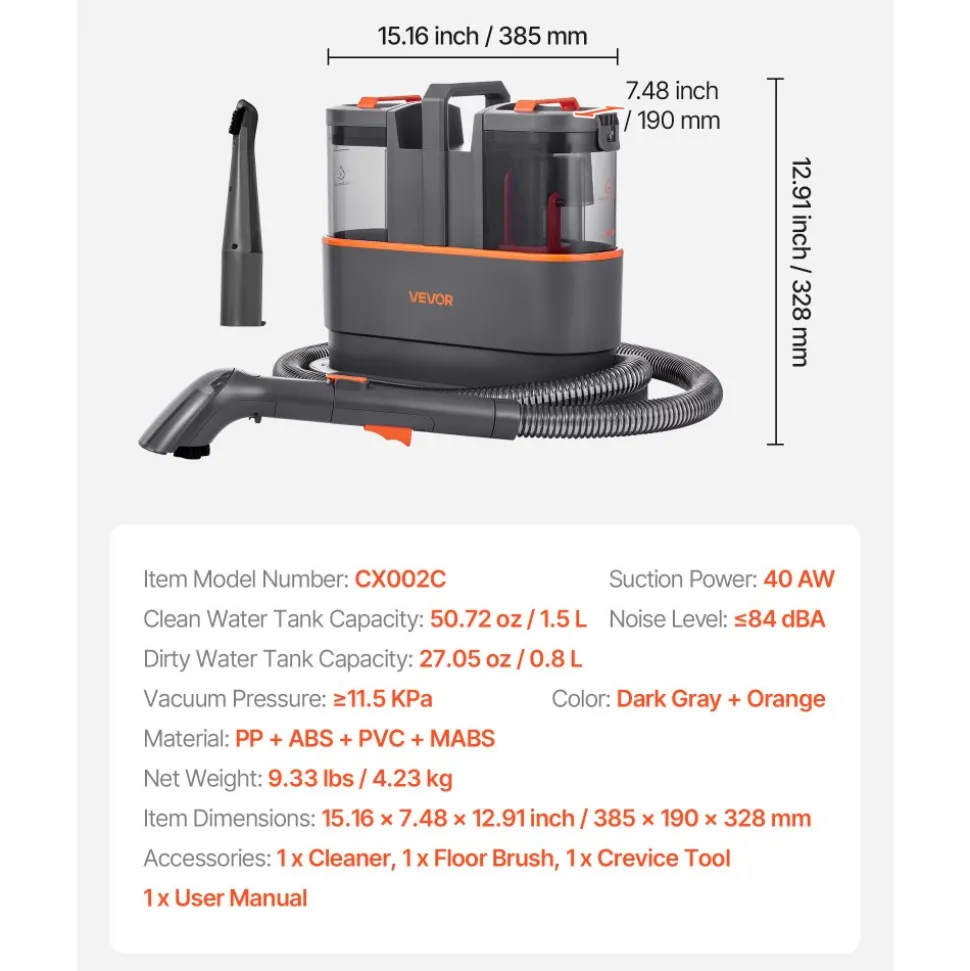 VEVOR Carpet Cleaner Machine, 50.72 oz Clean Water Tank & 27.05 oz Dirty Water Tank, Portable Upholstery Shampooer, 11.5Kpa Handheld Furniture Extractor, Spot and Stain Deep Cleaner for Rug Couch Car