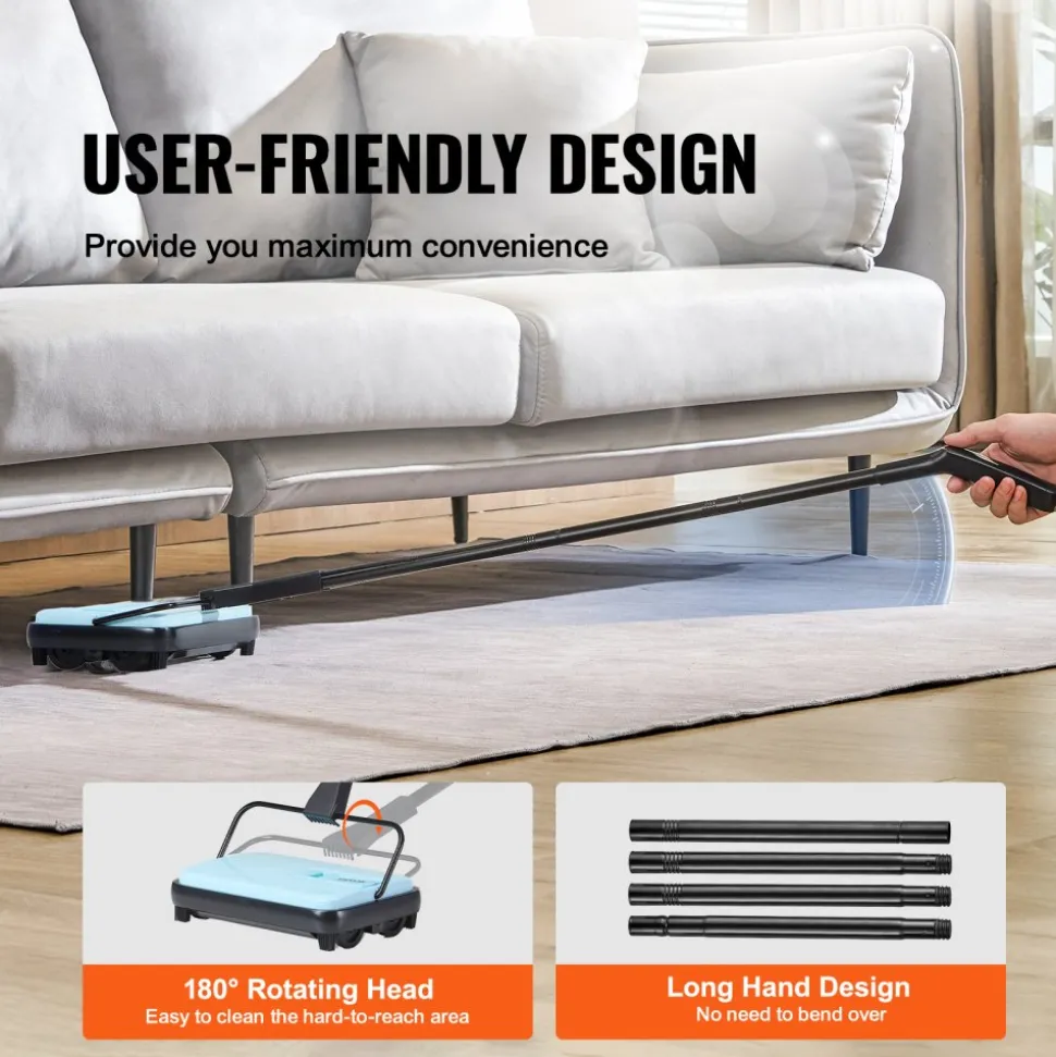 VEVOR Carpet Sweeper Manual, Floor Sweeper with 300 ml Dustbin Capacity Easy to Empty, 6.7 inch Cleaning Width for Home Office Carpets Pet Hair Dust, Blue