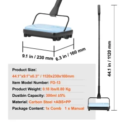 VEVOR Carpet Sweeper Manual, Floor Sweeper with 300 ml Dustbin Capacity Easy to Empty, 6.7 inch Cleaning Width for Home Office Carpets Pet Hair Dust, Blue