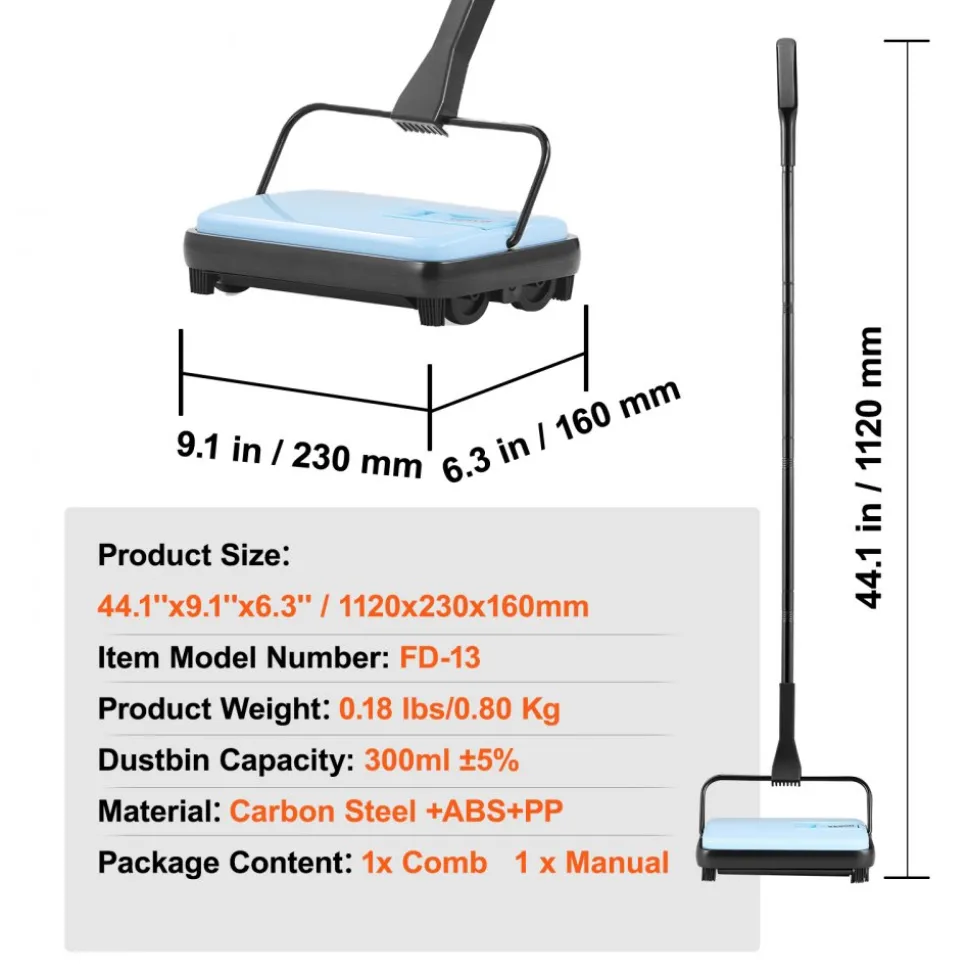 VEVOR Carpet Sweeper Manual, Floor Sweeper with 300 ml Dustbin Capacity Easy to Empty, 6.7 inch Cleaning Width for Home Office Carpets Pet Hair Dust, Blue