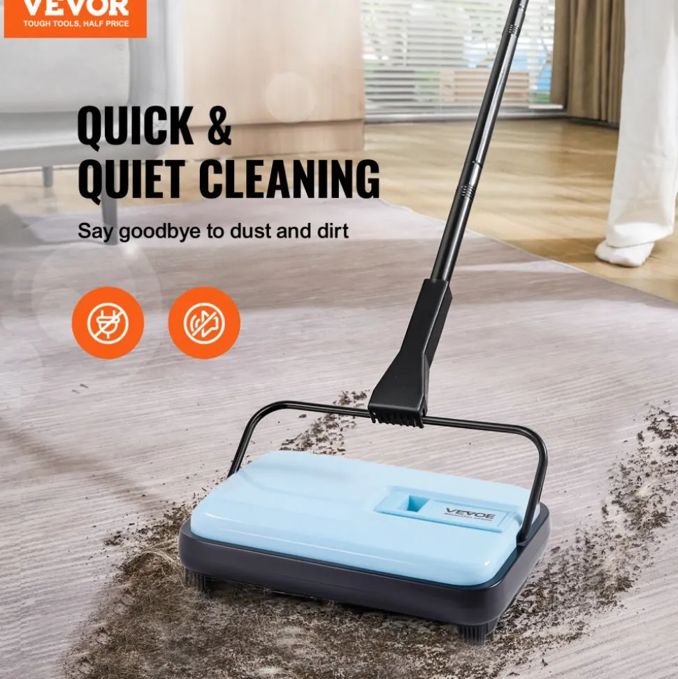 VEVOR Carpet Sweeper Manual, Floor Sweeper with 300 ml Dustbin Capacity Easy to Empty, 6.7 inch Cleaning Width for Home Office Carpets Pet Hair Dust, Blue