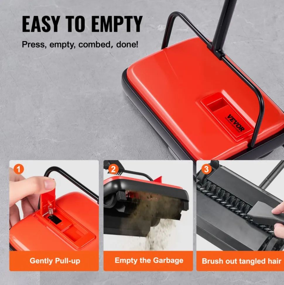 VEVOR Carpet Sweeper Manual, Floor Sweeper with 300 ml Dustbin Capacity Easy to Empty, 6.7 inch Cleaning Width for Home Office Carpets Pet Hair Dust, Red