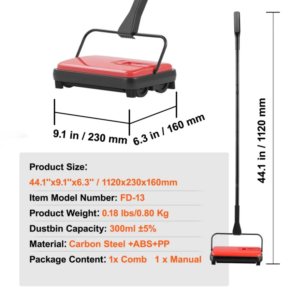VEVOR Carpet Sweeper Manual, Floor Sweeper with 300 ml Dustbin Capacity Easy to Empty, 6.7 inch Cleaning Width for Home Office Carpets Pet Hair Dust, Red