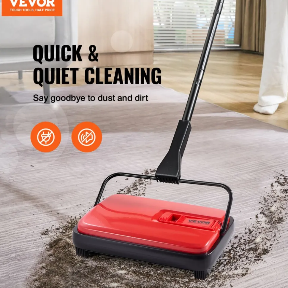 VEVOR Carpet Sweeper Manual, Floor Sweeper with 300 ml Dustbin Capacity Easy to Empty, 6.7 inch Cleaning Width for Home Office Carpets Pet Hair Dust, Red