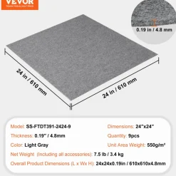 VEVOR Carpet Tiles Peel and Stick, 24” x 24” Squares Self Adhesive Carpet Floor Tile, Soft Padded Carpet Tiles, Easy Install DIY for Bedroom Living Room Indoor Outdoor (9Tiles, Light Gray)