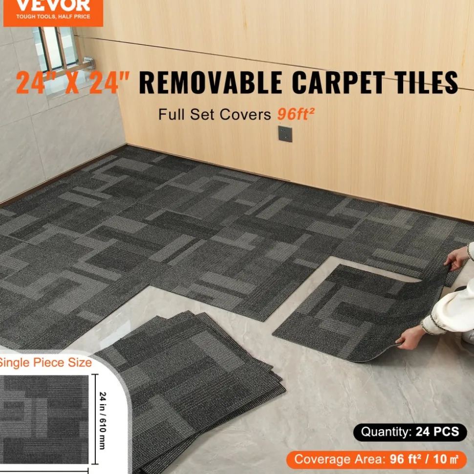 VEVOR Carpet Tiles Reusable, 24"x 24"Carpet Squares With Padding Attached, Soft Padded Carpet Tiles, Easy Install DIY for Bedroom Living Room (24Tiles, Mixed Gray)