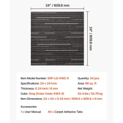 VEVOR Carpet Tiles Reusable 24x24 inch, 24 PCS Modular Carpet Square Rug, Commercial Floor Soft Padded for Seamless Cover 96sq.ft, Easy DIY Replacement for Living Room Bedroom Office Indoor,Gray