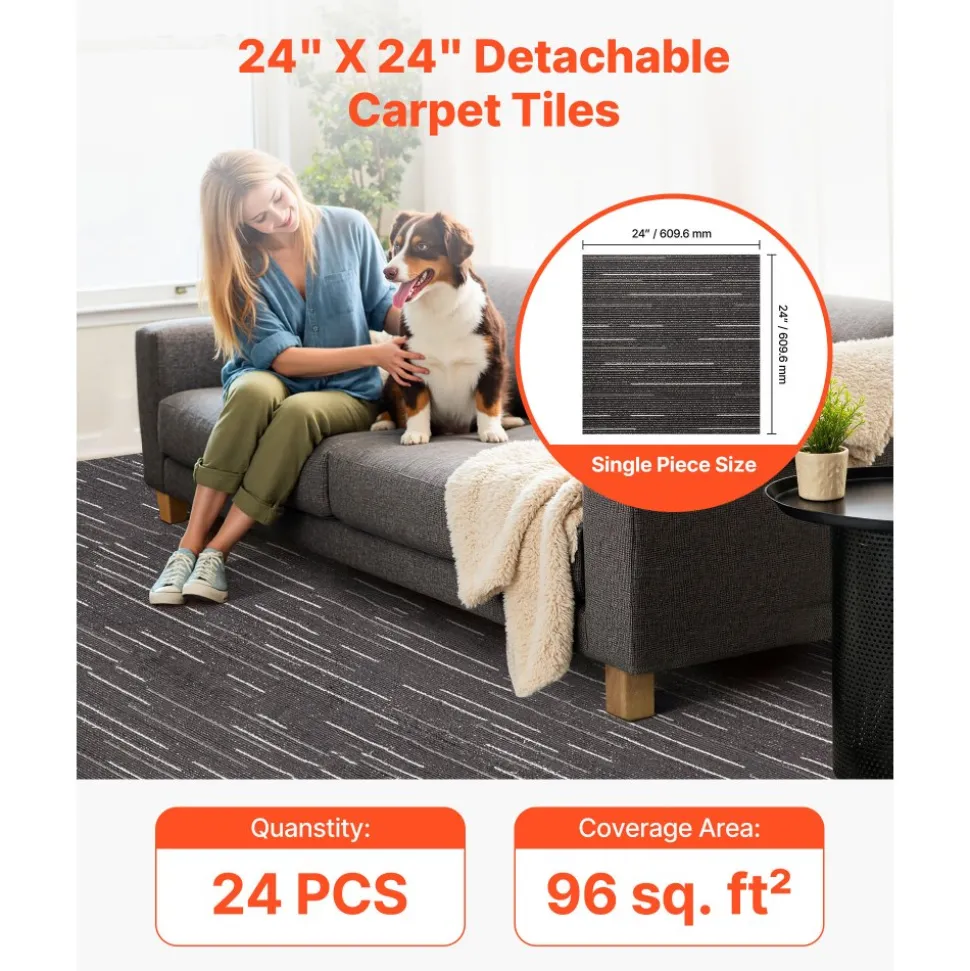 VEVOR Carpet Tiles Reusable 24x24 inch, 24 PCS Modular Carpet Square Rug, Commercial Floor Soft Padded for Seamless Cover 96sq.ft, Easy DIY Replacement for Living Room Bedroom Office Indoor,Gray
