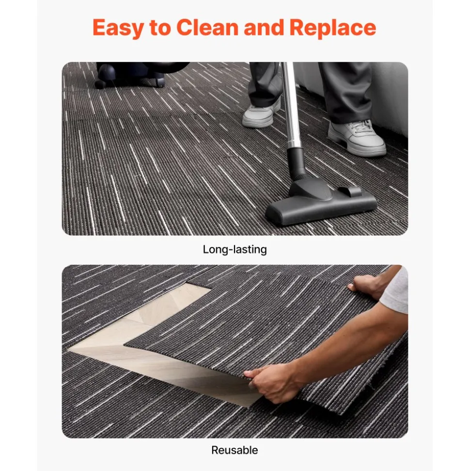 VEVOR Carpet Tiles Reusable 24x24 inch, 24 PCS Modular Carpet Square Rug, Commercial Floor Soft Padded for Seamless Cover 96sq.ft, Easy DIY Replacement for Living Room Bedroom Office Indoor,Gray
